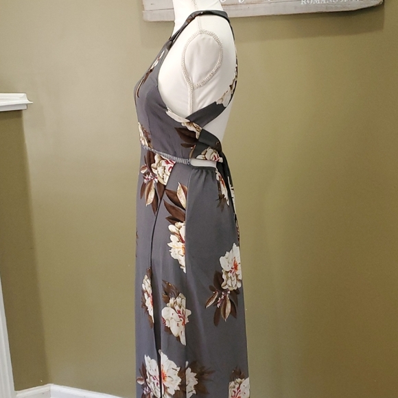 Open Back Halter Maxi Gray Tropical Floral Small - Picture 10 of 16